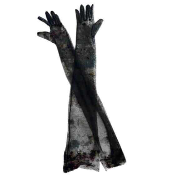 BLACK Mesh Long Opera Ruched Over The Elbow Gloves NEW - Picture 5 of 6